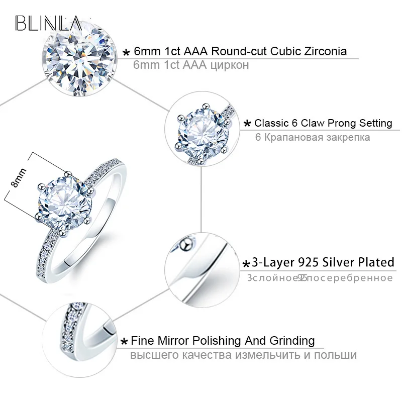 BLINLA, модные классические кольца с шестью когтями, AAA, циркониевые кольца для женщин, свадебные украшения, элегантное роскошное обручальное кольцо с кристаллами