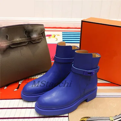 bule short Boots Mcacchi/Брендовые женские сапоги до колена; женские высокие сапоги на платформе с металлической пряжкой; Mujer; обувь в байкерском стиле на толстом каблуке; женские шикарные сапоги - Цвет: bule short Boots
