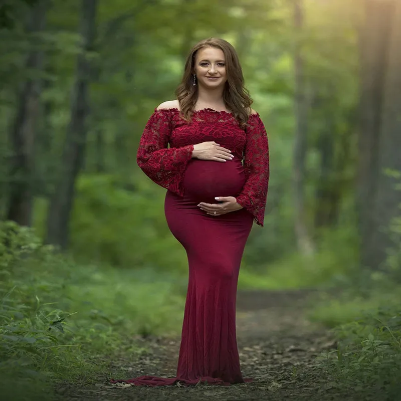 Платья для беременных; для фотосессии; кружевное мерсеризованное Хлопковое платье с одним словом; женская одежда с хвостом; длинное платье для беременных
