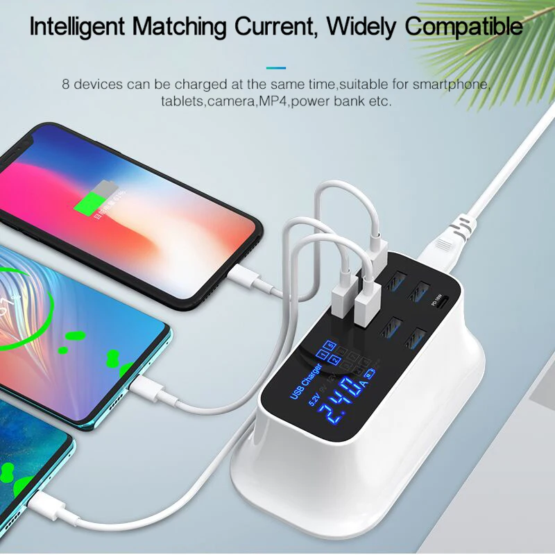 Зарядное устройство GOOJODOQ PD 40 Вт 8 портов USB зарядное умный светодиодный дисплей