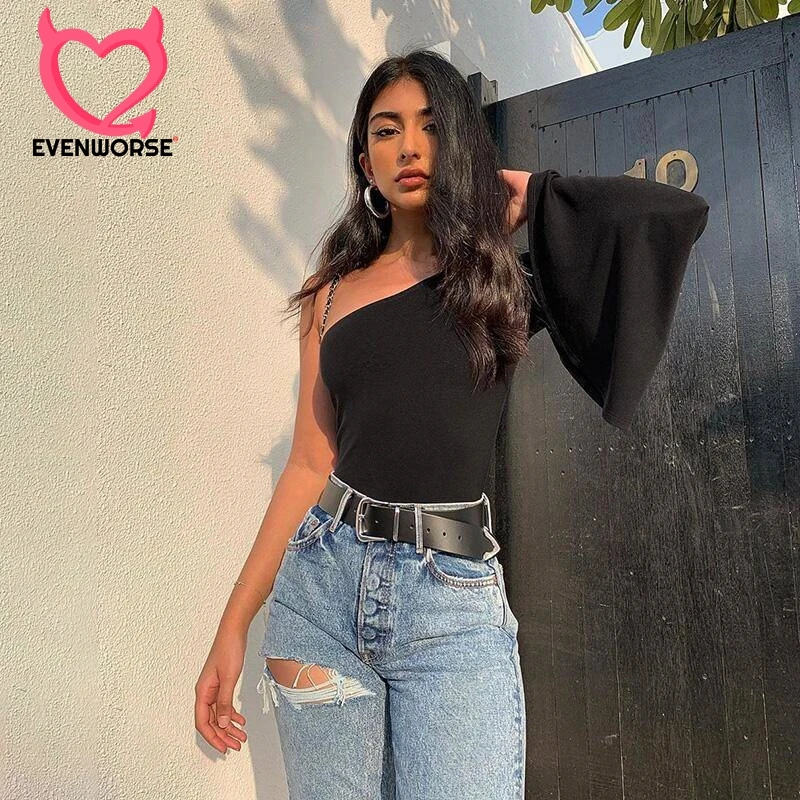 

Evenworse One Shoulder Slope Neckline Bell sleeve Bodysuit 2019 Fashion Autumn Winter Women Slim Fit Body Sexy Black Jumpsuits