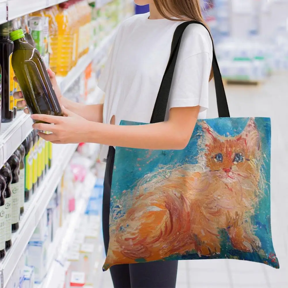 

ALAZA Large bags Women's Canvas HandBag Oil Painting cat Shoulder Shopping Bag Valentine's Day Casual Tote Cotton made Beach Bag