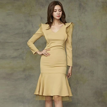 

Spring Autumn New Mesh Patchwork Yellow Dress Women Long Sleeve Ruffle Dress Ladies Solid Trumpet Office Work Dress Women Ropa