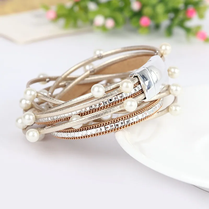 Многослойный кожаный браслет с хрустальными бусинами Boho браслеты для женские с магнитом пряжка ручной работы браслет манжета ювелирные украшения в подарок любимой