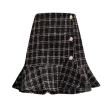Офисная Женская Зимняя шерстяная мини-юбка с рюшами, с высокой талией и пуговицами, черно-белая клетчатая юбка с рюшами, осенняя уличная юбка «рыбий хвост»