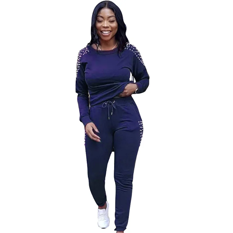 

Autumn 2018 Casual Tracksuit 2 Piece Set Women Pant and Top Beading Sweatshirt Long Pant Jogger Outfits Set Sweat Suits Women