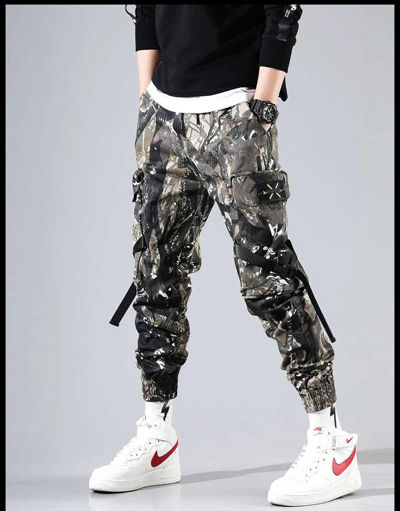 Streetwear Ribbons Casual Pants Men Black Slim Mens Joggers Pants Side-pockets Cotton Man Trousers