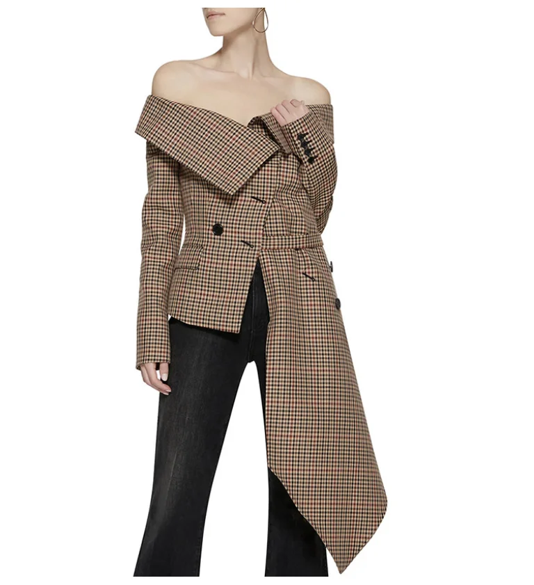 Асимметричный Модный женский маленький костюм в клетку с открытыми плечами, Повседневная Уличная одежда, Блейзер, костюмы, женский Блейзер, наборы, офисный Женский блейзер