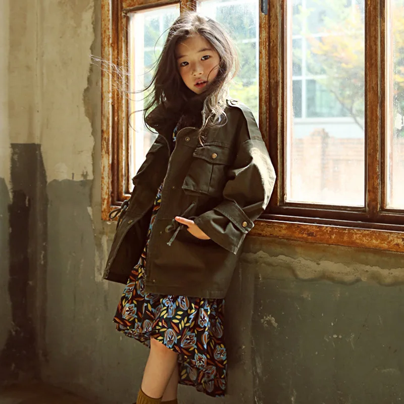 Осенний Тренч в Корейском стиле с длинными рукавами для девочек от 3 до 16 лет, свободное повседневное пальто с цветочным принтом детские куртки CL084