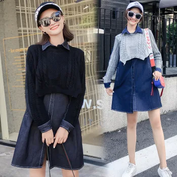 

Explosion models maternity clothes autumn and winter new fashion lapel comfort denim stitching wild pregnant fake two-piece dres