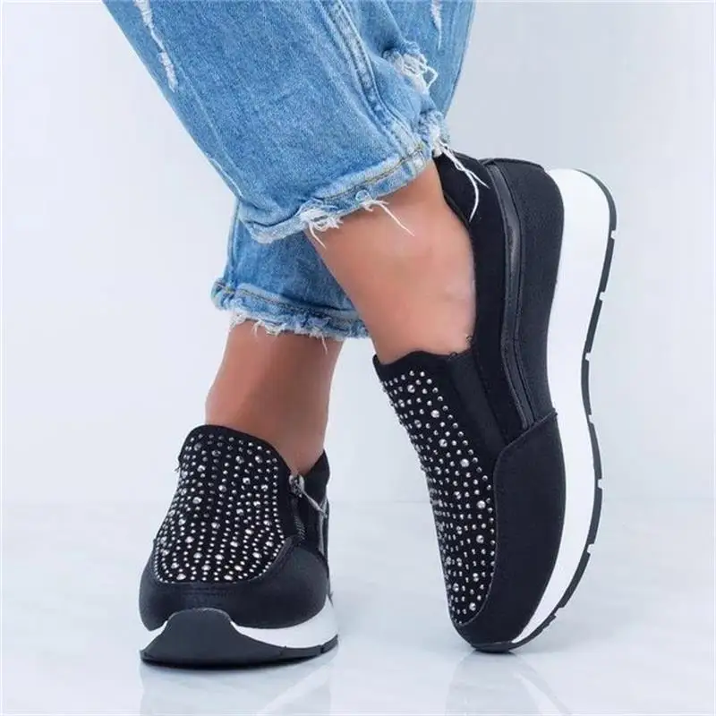 

Women Crystal Sneakers Spring Autumn Casual Zipper Flat Shoes Women Non-Slip Breathable Outdoor Vulcanized Shoes Woman Chaussure