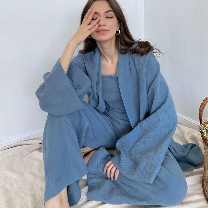 Kimono Pajamas Cotton Crepe Long-Sleeved Trousers Ladies Sleepwear Suit Women women pajamas set,women pajama suit,cotton pajamas set