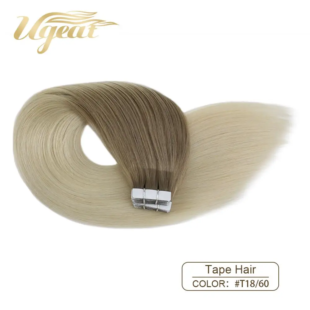 Ugeat, настоящие человеческие волосы для наращивания на ленте, двухсторонние клеящиеся волосы для наращивания, цвет Омбре, 12-24 дюйма, 10 p/20 p/40 p - Цвет: T18-60