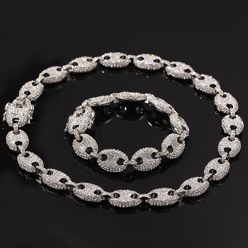 Хип хоп полная инкрустация стразами Bling Iced Out кофейные бобы морской звено цепи браслеты набор для мужчин раппер ювелирные изделия - Окраска металла: silver