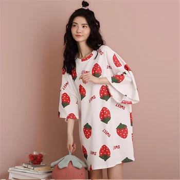 Camisón holgado de algodón para mujer, vestido de noche coreano, diseño de fresa, camisones para dormir