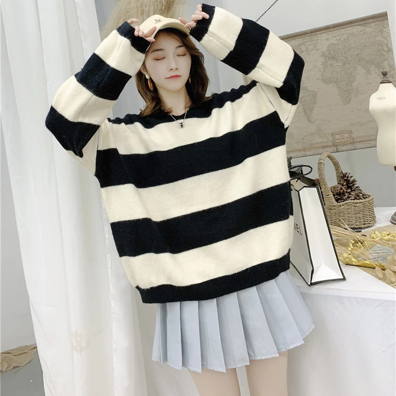 

Color Stripe Sweater For Women Korean Style Autumn Winter Hooded Long Sleeve Knitting Sweater Loose Coat Pullover Ladies Sweater