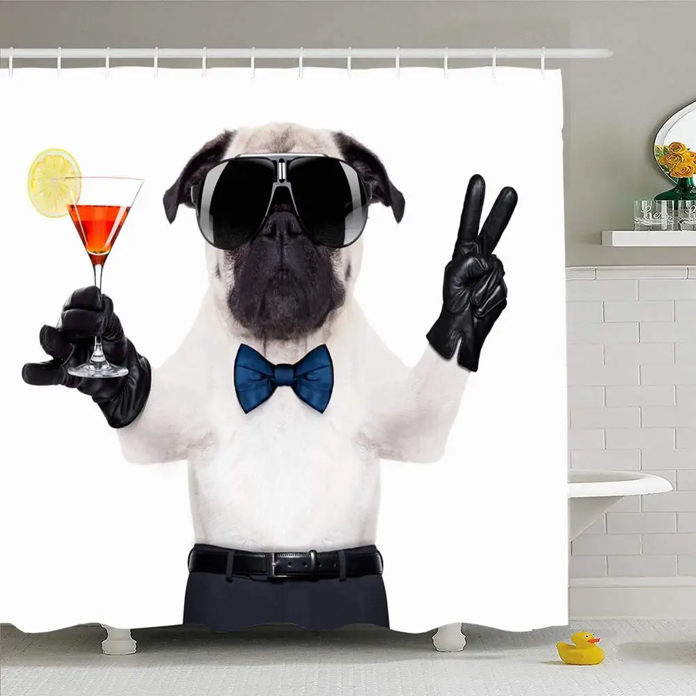 

Shower Curtain Set with Hooks 60x72 Cool Pug Olive Bar Dog Or Martini Fashion Glass Peace Animals Wildlife Holding Sports