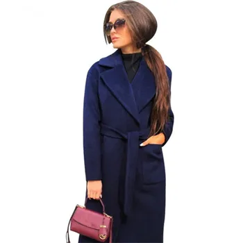 

women coats elegant Long Womens coat lapel 2 pockets belted Jackets solid color coats Female Outerwear woolen coat Female