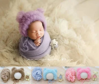 

Newborn Photography Props Baby Stretch Wrap Fluffy Hat Bear Doll Set,Studio Shooting Newborn Wrap Set Posiing Accessories,#P2490