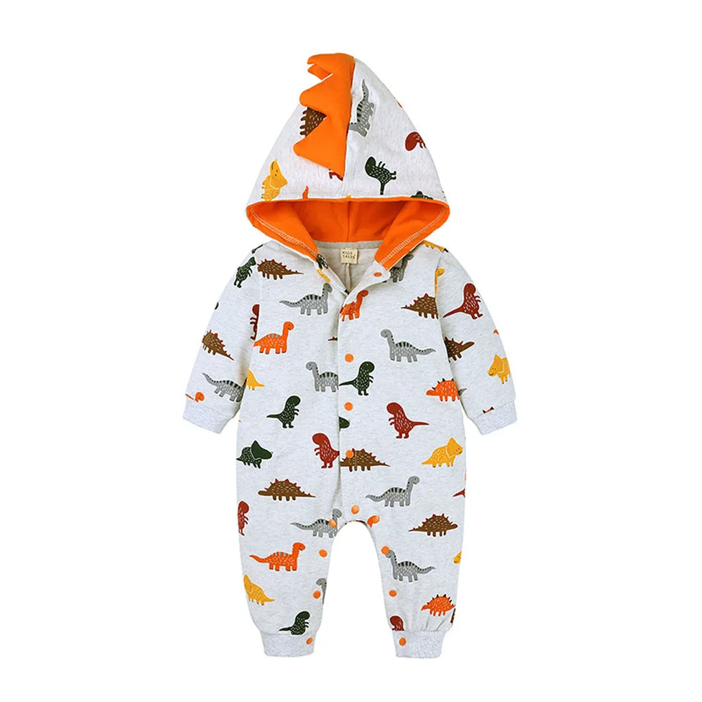 Newborn Baby Boys Girls Hooded Cartoon 3D Dinosaur Print Romper Infant Kids Long Sleeve Autumn Jumpsuit Toddler Fashion Outfits - Цвет: Серый