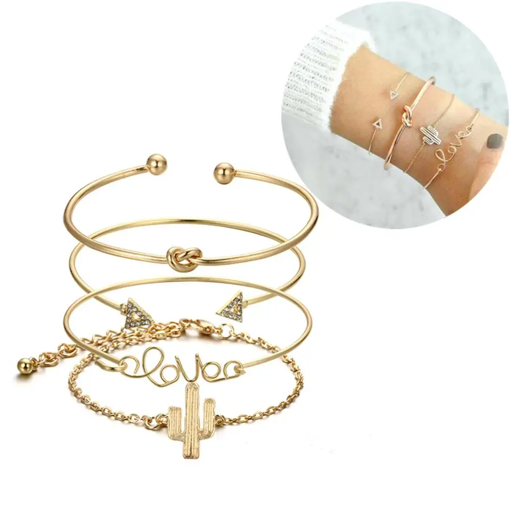 

4Pcs/Set Vintage Knot Cactus Wrist Bangle Women Bracelet Charm Jewelry Decor New Chic