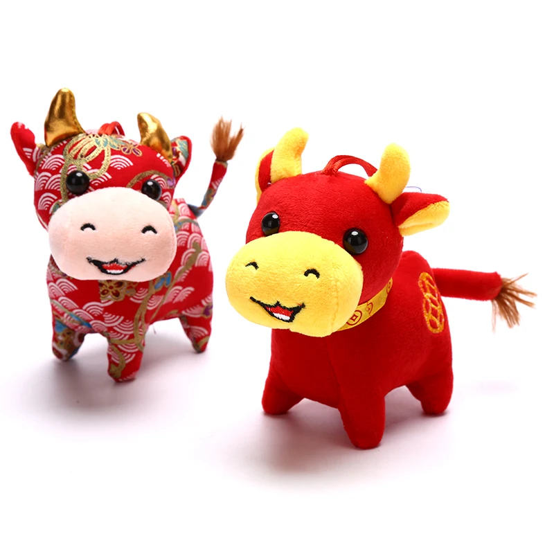 SUSHAFEN 1Piece Cow Plush Toy Soft Cattle Calf Doll Bolster Stuffed Animal Pillow Red Mascot for 2021 Chinese Ox New Year Lucky Zodiac Gift Home Office Desk Ornaments Decorations,25CM/10