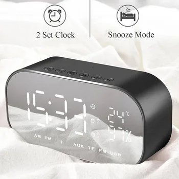 

LED Alarm Clock with FM Radio Wireless Bluetooth Speaker Mirror Display Support Aux TF USB Music Player Wireless for Office Home