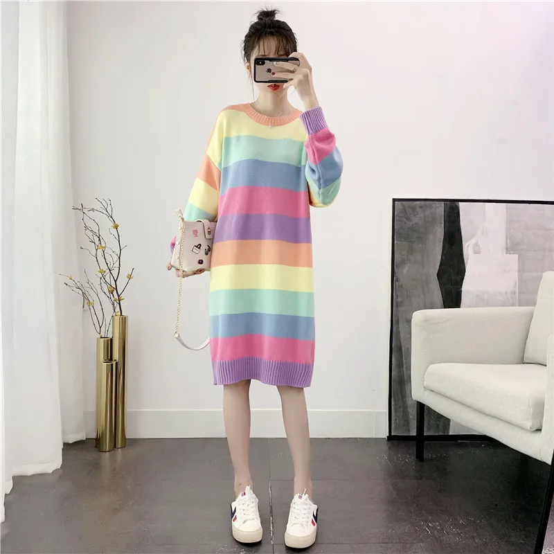 

Color Stripes Knitted Dresses For Women Plus Size Loose Autumn Winter Women Long Office Dress Long Sleeve Elegant Casual