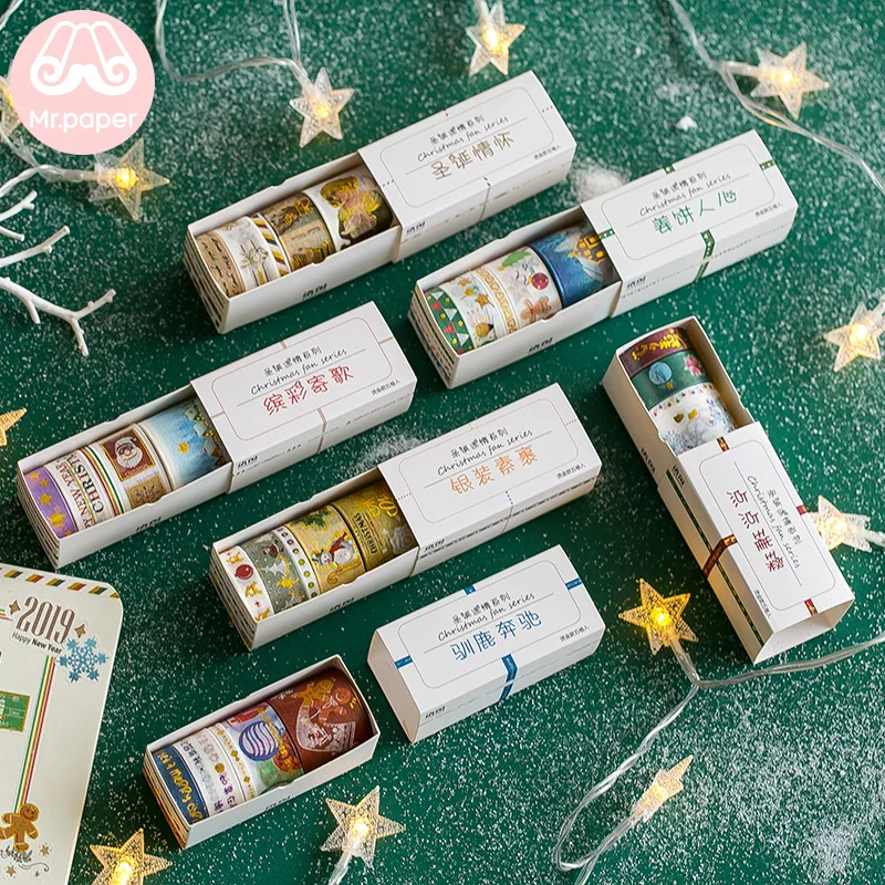 

Mr Paper 5pcs/box Merry Christmas Angel Gingerbread Man Gold Stamping Deco Washi Tapes Warm Christmas Party Masking Paper Tapes
