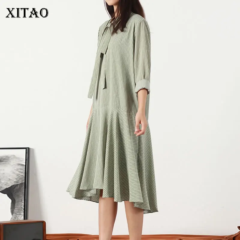 

XITAO Pleated Women Dress Fashion New Hem Patchwork Striped Small Fresh Goddess Fan Loose Bow Goddess Fan Casual Dress GCC3327