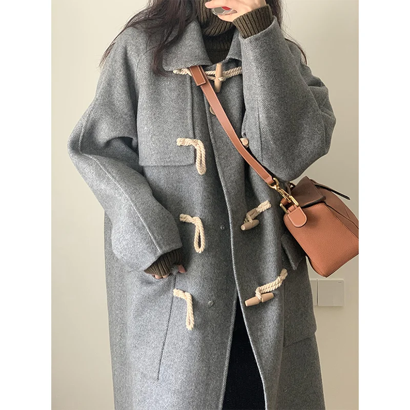 

Winter New Fashion Preppy Style Women Hom Button Wool Big Size Long Warm Thicken Loose Coat Office Lady Quality Elegant