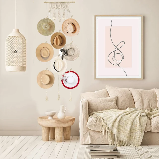 Pamutkötél Kalap Falfüggő Boho Állvány 10 Klipek A Kijelző Kupak Tartójának Kézzel Készített Szövött Női Tároló Fogas - Image 3