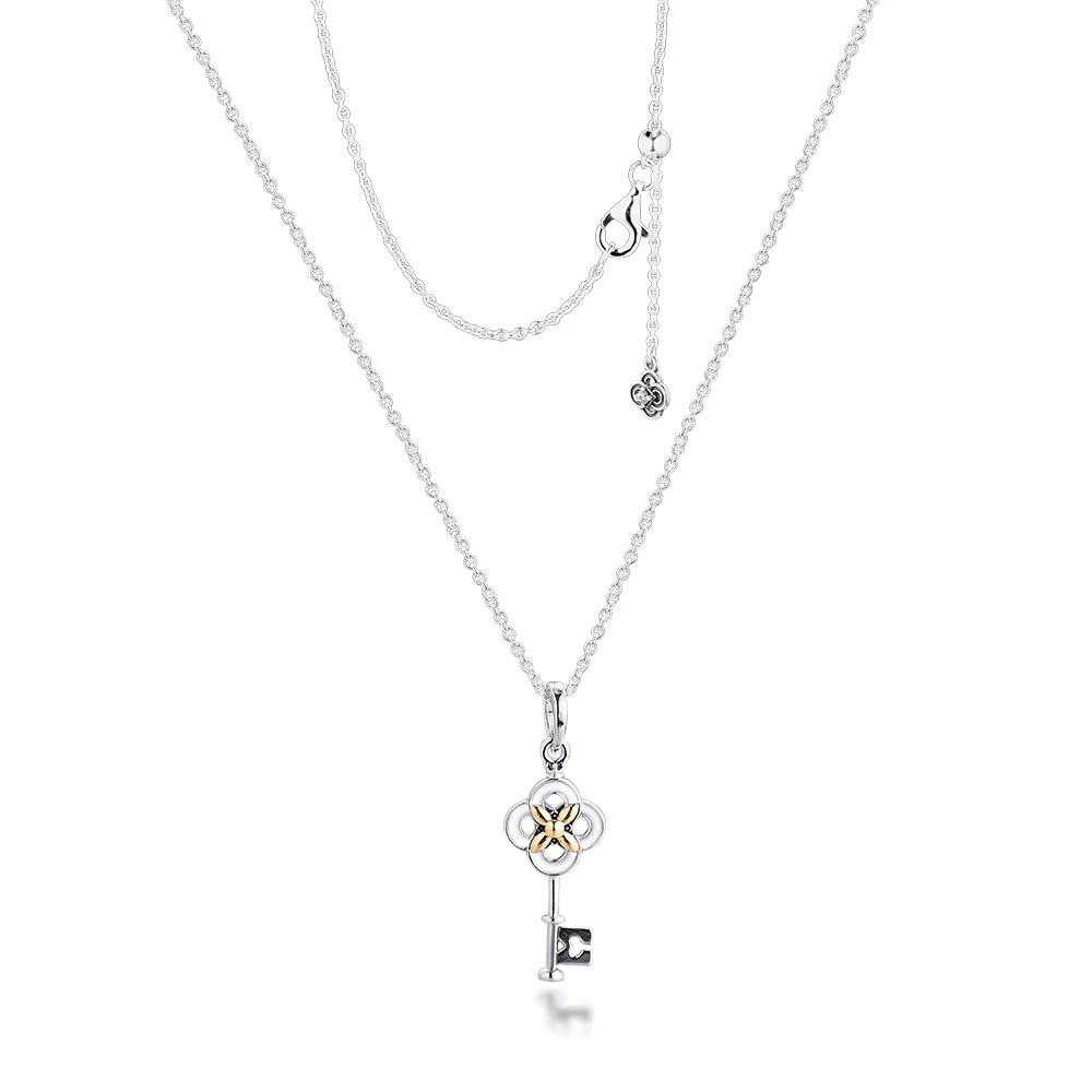 

100% 925 Sterling-Silver-Jewelry Two-tone Key & Flower Necklaces Free Shipping