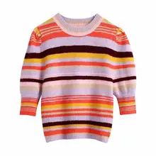 

XNWMNZ Za women vintage striped Knit sweater Round neck sweater with short puff sleeves female 2020 fashion autumn chic tops
