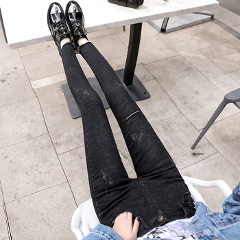 

Large size solid color jeans female winter new black tight pants plus velvet thickening base scratching nine pants women jeans