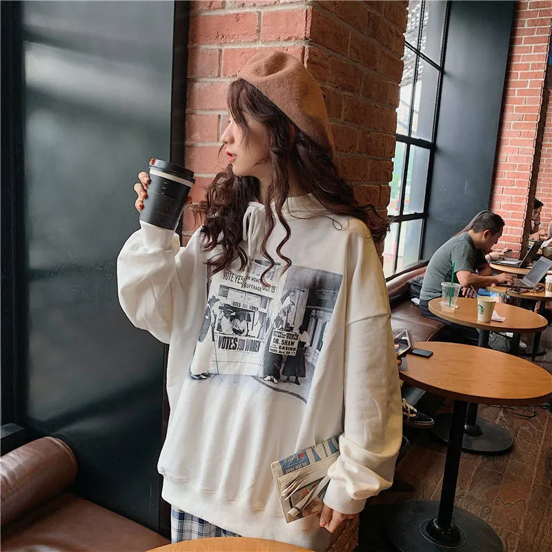 Ulzzang крутая Осенняя Женская Толстовка harajuku Печать с капюшоном модная Толстовка с длинным рукавом свободный свитер Толстовка забавная Женская