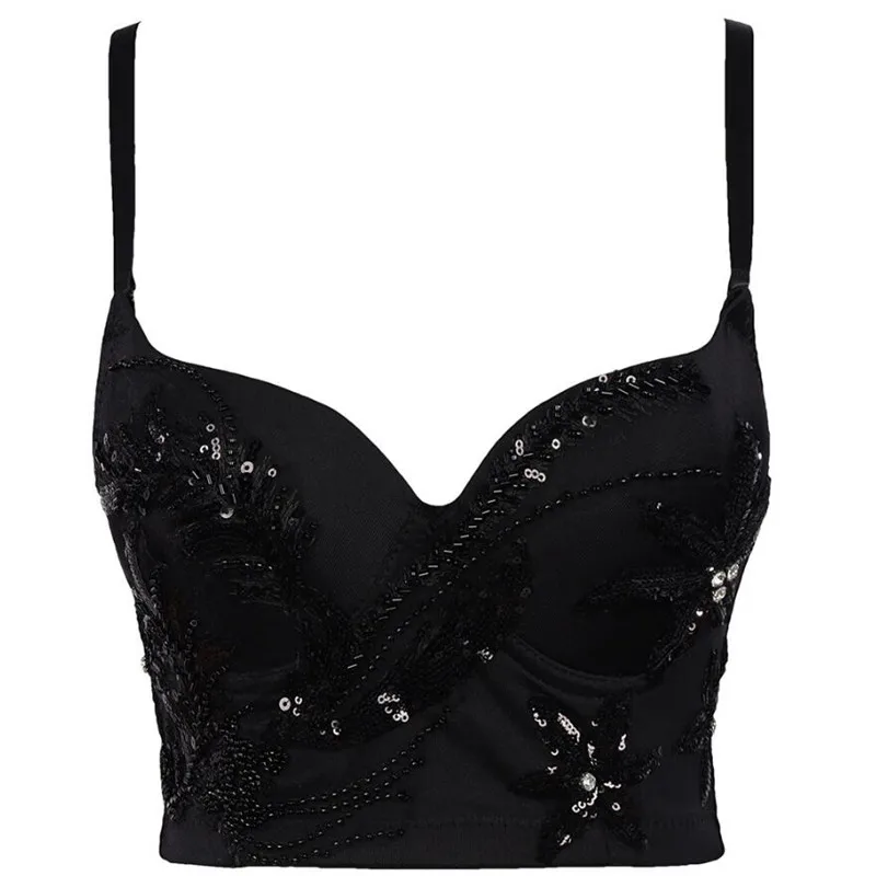 

Женский короткий топ с вышивкой и блестками, бюстье без косточек с цветочной вышивкой для ночных клубов и вечерние, q545