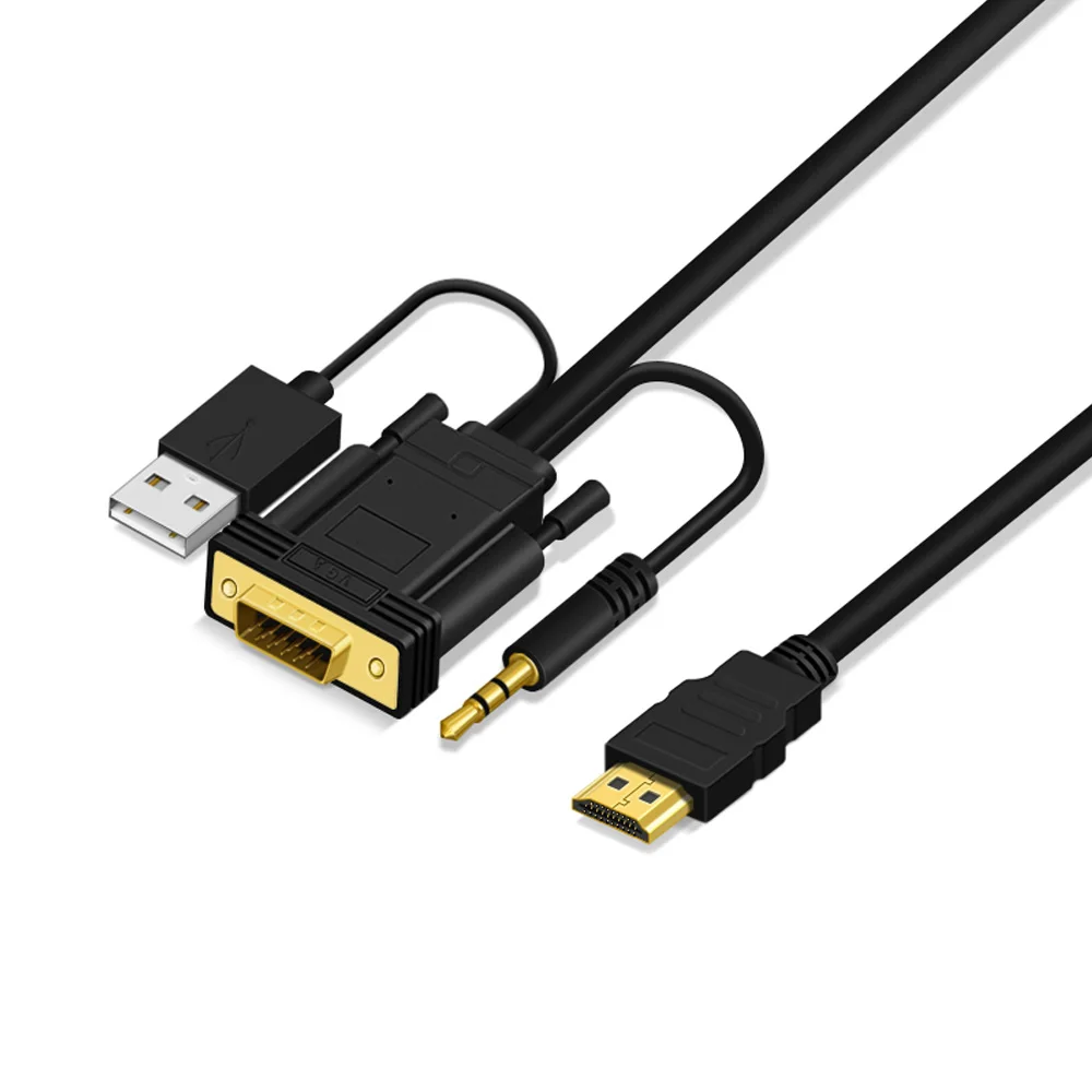 VGA к HDMI кабель с аудио USB источник питания 1080P VGA HDMI адаптер конвертер мужчин и мужчин для ноутбук с HDTV проектор Ps3 Xbox - Цвет: Black