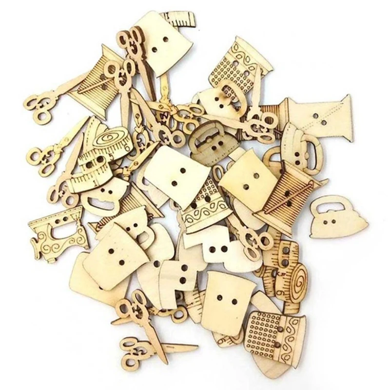 100Pcs Sewing Machine Scissors Shaped Wooden Buttons Button For Children Clothes Decorative Scrapbooking Accessory | Дом и сад