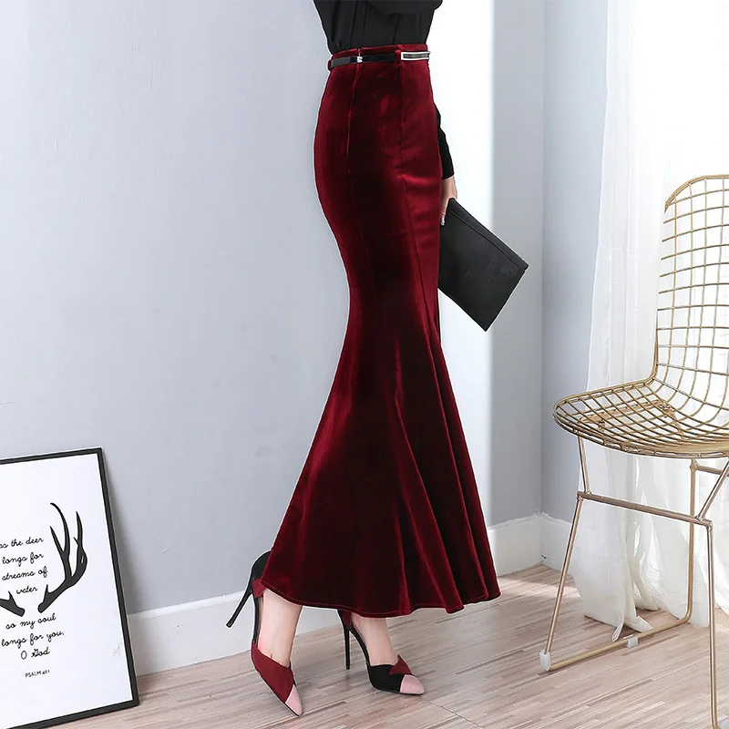 Vintage Black Velvet Maxi Skirt - Women's Elegant Mermaid Style with Belt image 2