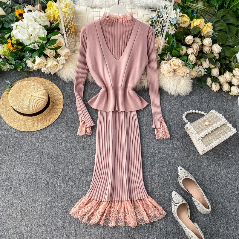 ALPHALMODA, Осень-зима, женский элегантный костюм из 2 предметов, жилет+ длинный рукав, кружевное лоскутное нижнее платье, Женский комплект из 2 предметов, милый вязаный комплект