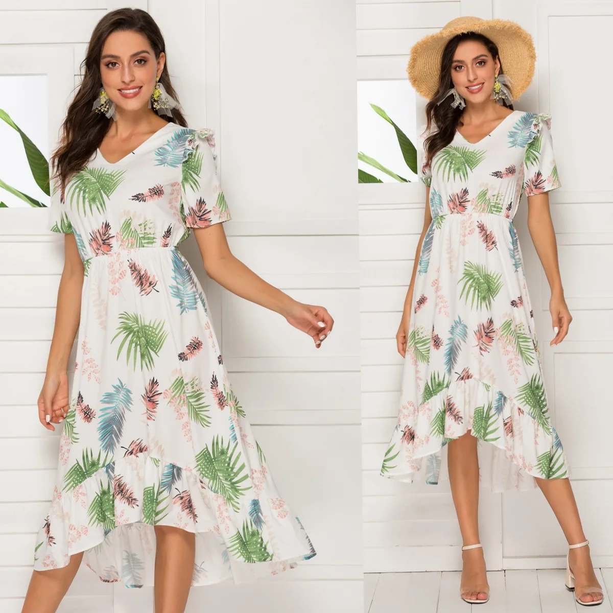 

Outer Mold Photo Shoot 2019 New Style Amazon Cross Border V-neck Short Sleeve Waist Hugging Irregular Dress Foreign Trade WOMEN'