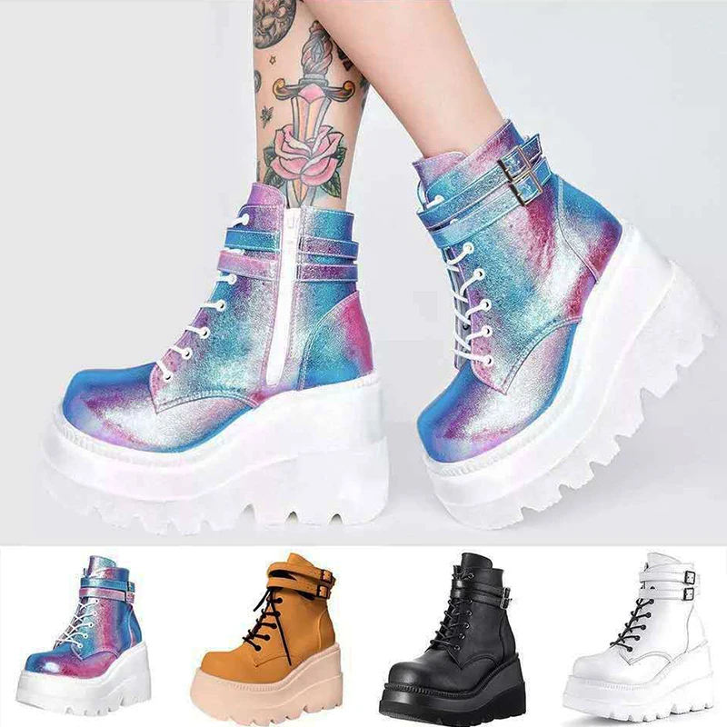 

Ankle Boots for Women Luxury Leather Autumn Platform Boots Wedges Boots Women Fashion Lace-up Rubber Boots Gothic Women Shoes