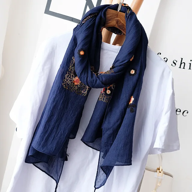 Women Embroidered Floral Tassel Cotton And Linen Shawls