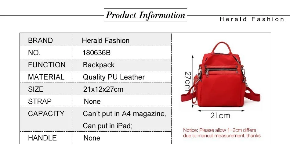 Herald Модный женский рюкзак, повседневный нейлоновый рюкзак, высокое качество, женская сумка через плечо, школьные рюкзаки для девочек-подростков