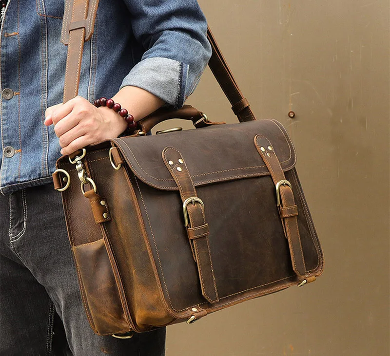 Мужской винтажный кожаный портфель crazy horse 1" PC из натуральной кожи, рюкзак для ноутбука, настоящая кожаная деловая сумка, большой туристический рюкзак