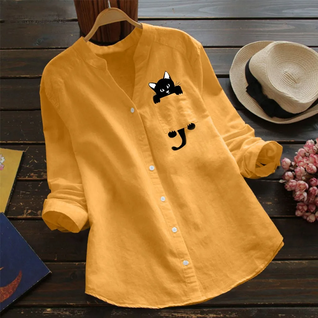 Cute Cat Blouse Women Cotton Linen Long Sleeve Button Down Shirt Cartoon Animal Printed Girls Blouses Tops Bluzki Damskie | Женская