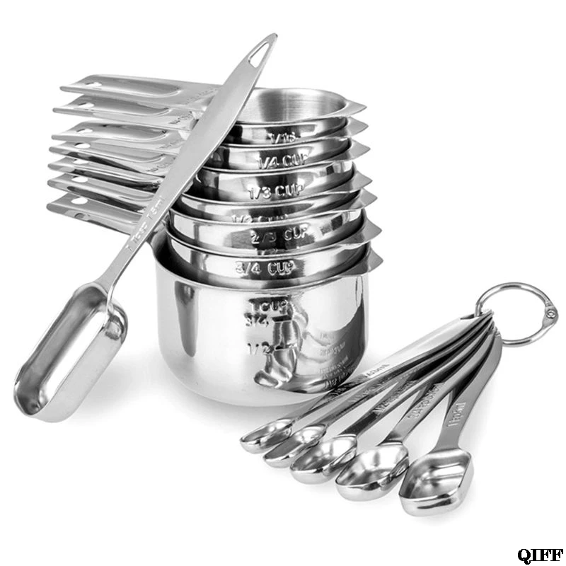 Measuring Cups and Spoons Set, Stainless Steel Heavy Duty Good Grips with Ring Connector Cake baking and kitchen utensils