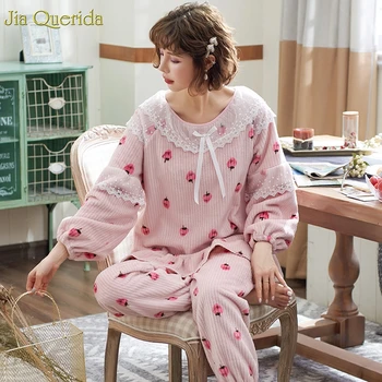 

Pink Women's Printing Pyjamas Flannel Winter Home Suits Lantern Sleeves Ladies Gothic Victorian Lace Embellished Pajamas Set New