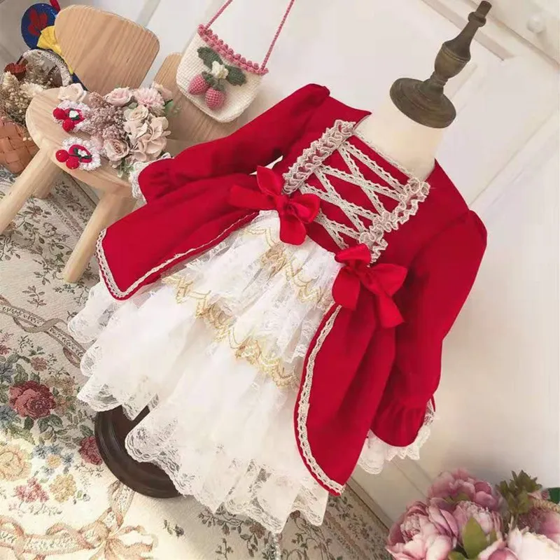 От 0 до 7 лет, Зимняя шерстяная одежда, красное Новогоднее праздничное платье принцессы для маленьких девочек в стиле испанской Лолиты, бальное платье с длинными рукавами